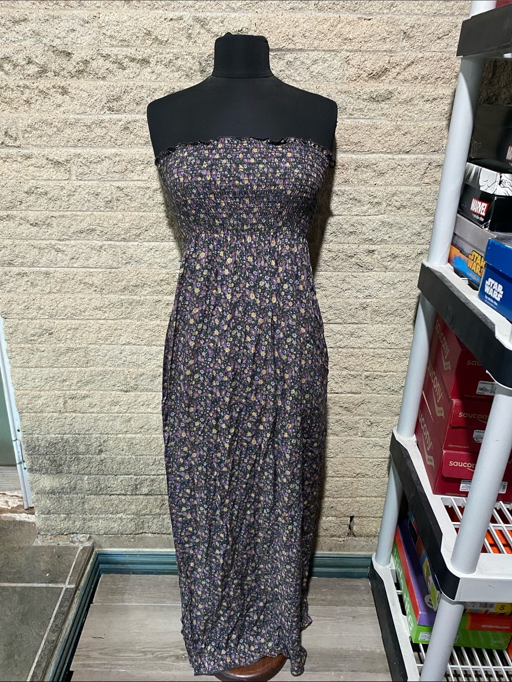 Poema Strapless Floral Maxi Dress - Purple with Yellow Accent